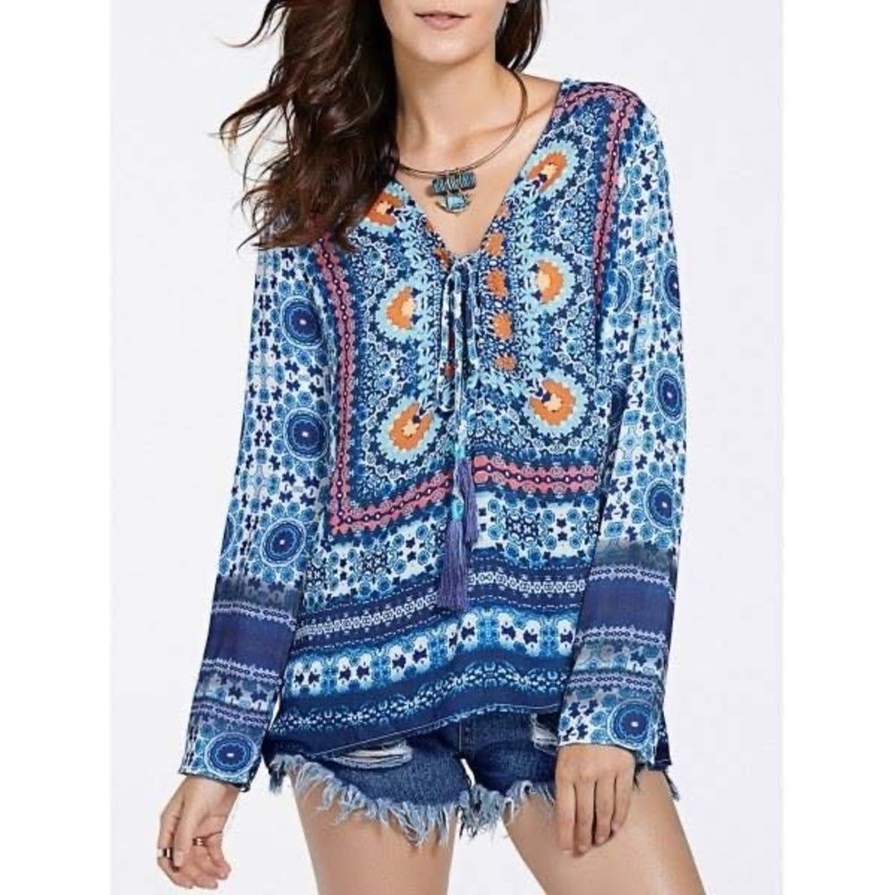 Rococo Sand Boho Silk Tassel Blouse XS Blue Multicolor Bohemian Print Top
